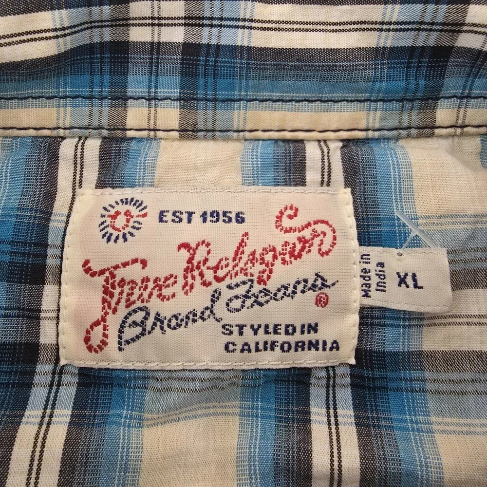 True Religion Western Shirt Mens XL Blue Plaid Pearl Snap Cowboy Rodeo Sawtooth*